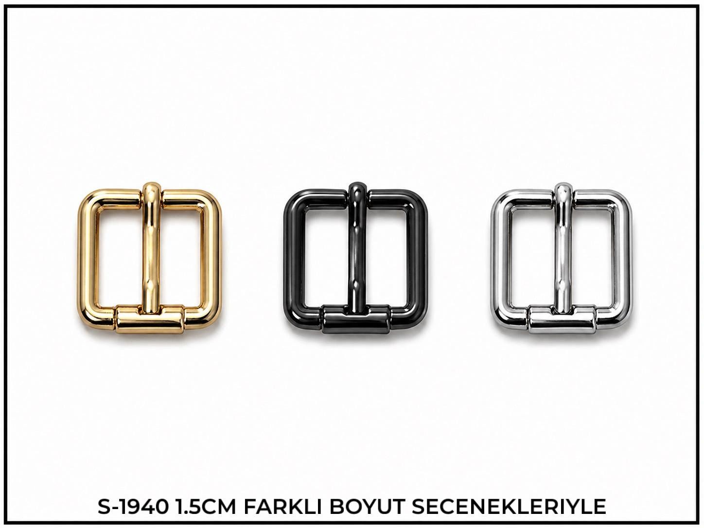 Üç farklı metal toka: altın, siyah ve gümüş renklerinde.