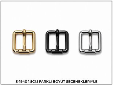 Üç farklı metal toka: altın, siyah ve gümüş renklerinde.