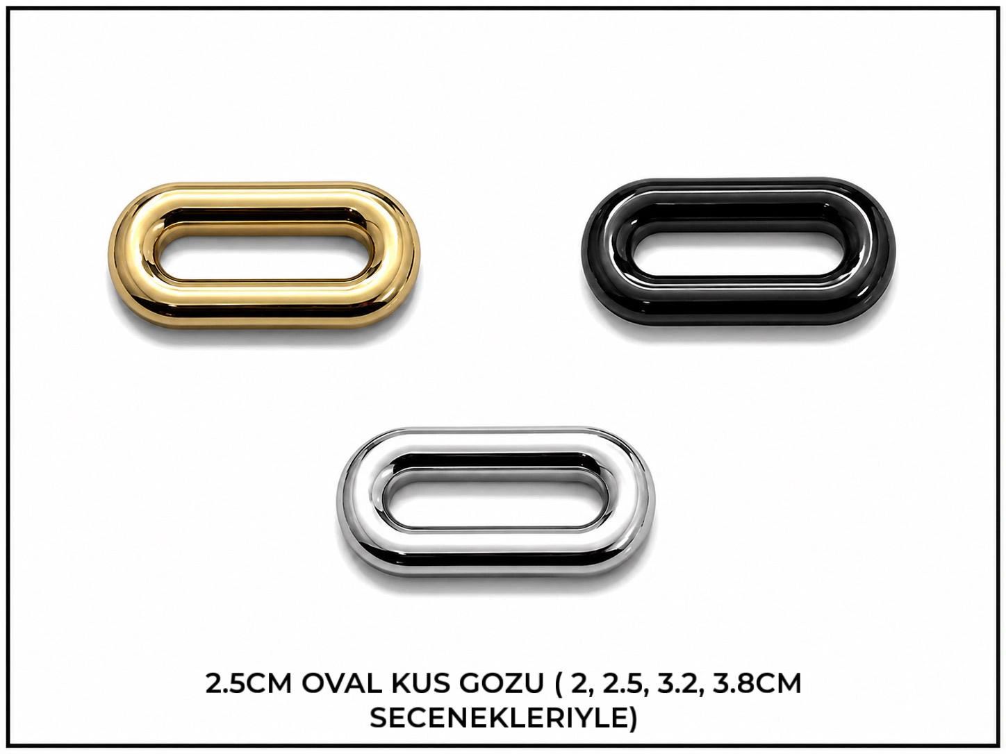 Oval kuş gözü halkalar, altın, siyah ve gümüş renklerinde.