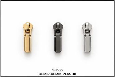 Altın, siyah ve gümüş renklerde üç metal fermuar başlığı.