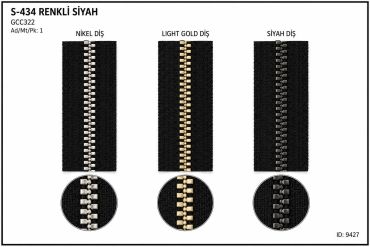 Üç farklı metal renkli siyah fermuar örneği.