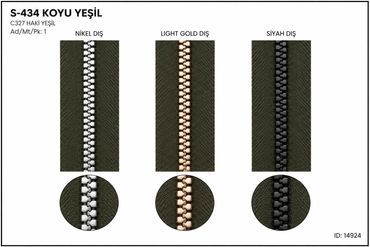 Koyu yeşil renkli üç farklı fermuar seçeneği.
