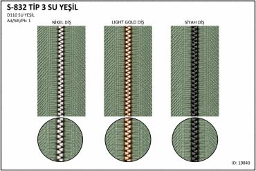 Yeşil kumaş üzerinde üç farklı renk dişli fermuarlar.
