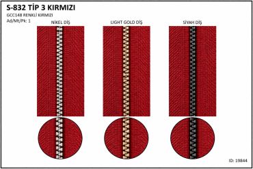 Kırmızı zemin ve farklı renklerde dişlere sahip fermuarlar.