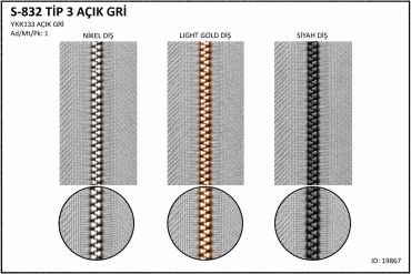S-832 Tip 3 açık gri fermuar örnekleri.
