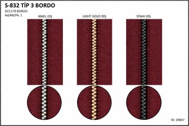 Bordo kumaş üzerinde üç farklı renk metal fermuar.