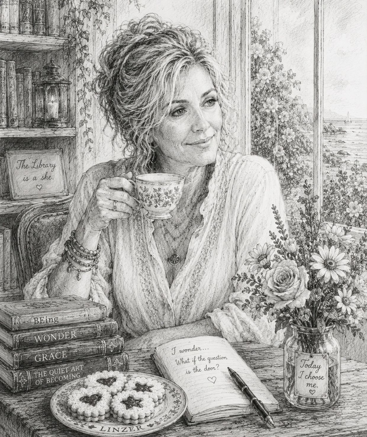 Woman enjoying tea by a window with books and flowers.