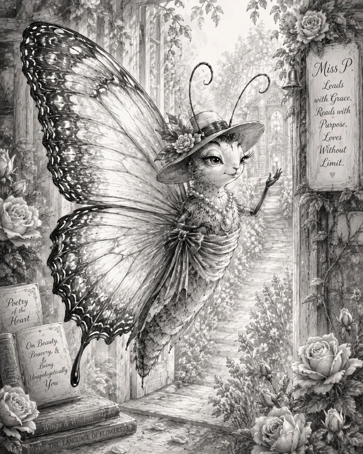 Anthropomorphic butterfly character in a garden setting.