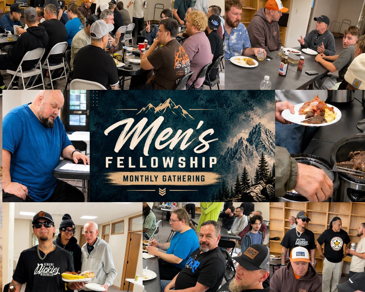 Men's fellowship gathering with food and conversation.