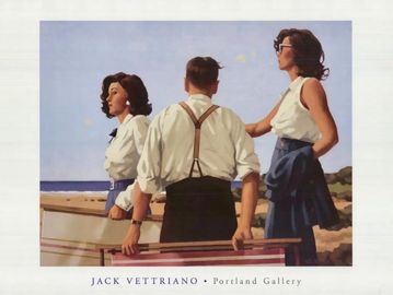 Three people in vintage attire standing by a seaside railing.