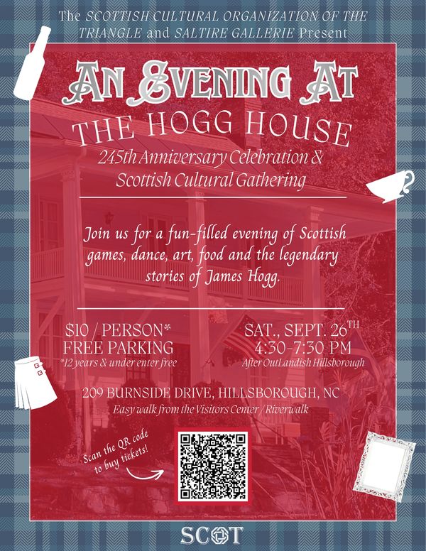 Scottish cultural event at The Hogg House celebrating 245 years with games, dance, art, and food.