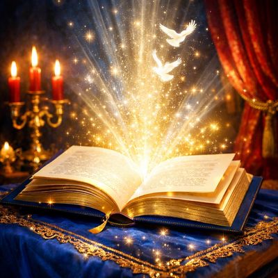 A magical book emits glowing light and flying doves on a blue velvet cloth.