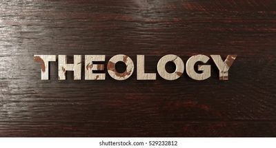 The word THEOLOGY on a textured wooden surface.