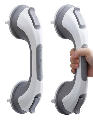 White and gray suction cup safety grab bar for bathroom support.