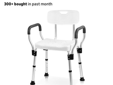 Adjustable white shower chair with armrests and backrest for safety.