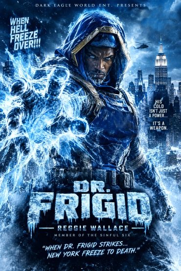Movie poster of Dr. Frigid with icy powers in a frozen city.