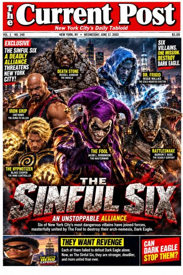 Comic-style tabloid cover featuring six dangerous villains in New York.