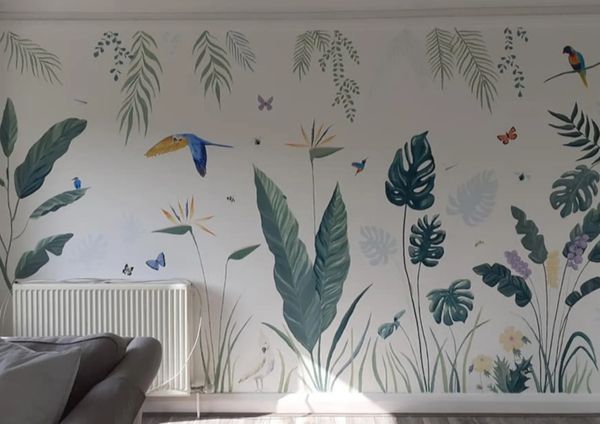 calm tropical flora and birds mural