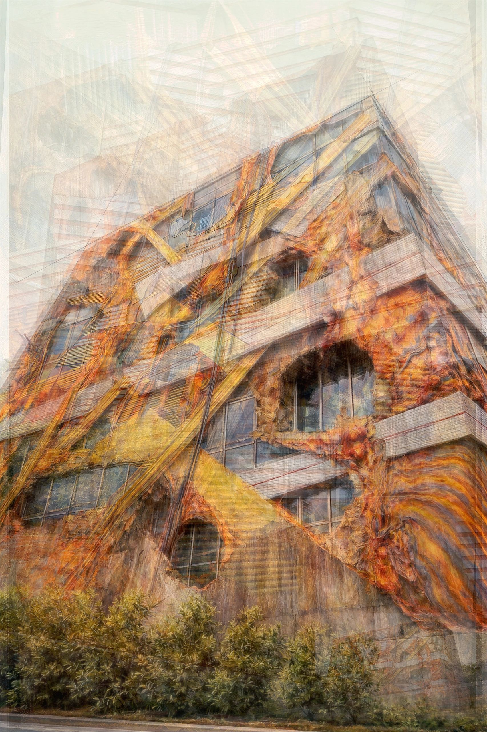 Burning building with flames engulfing its facade and broken windows.