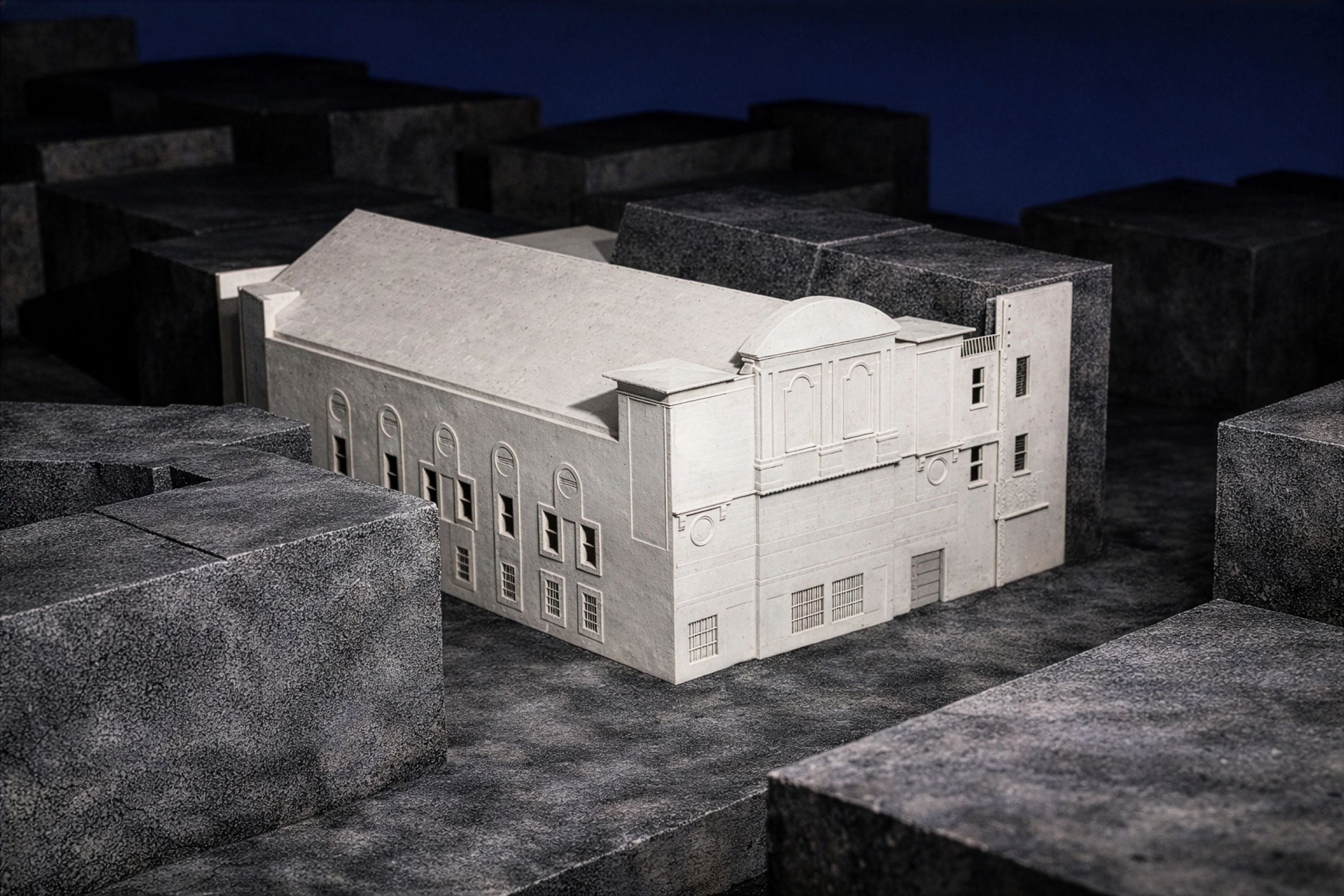 Architectural model of a white building surrounded by dark gray blocks.