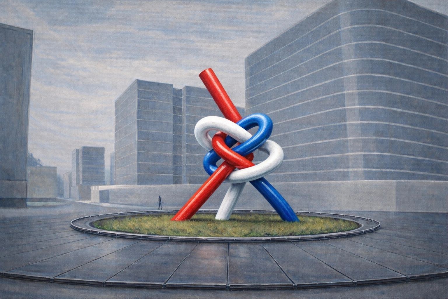 Colorful intertwined sculpture in a modern urban plaza with tall buildings.