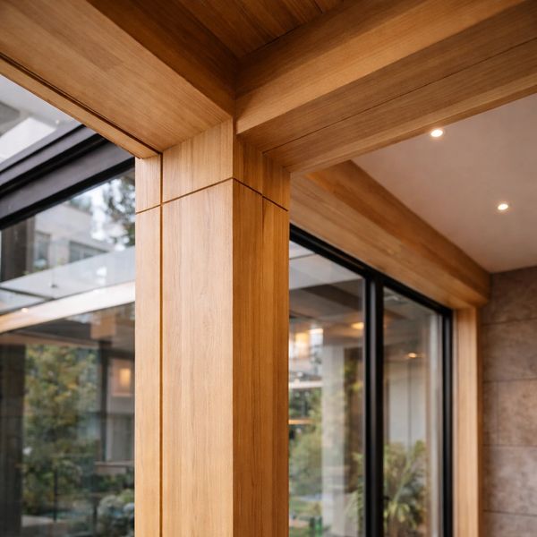 Modern interior corner with wooden beams and large glass windows.