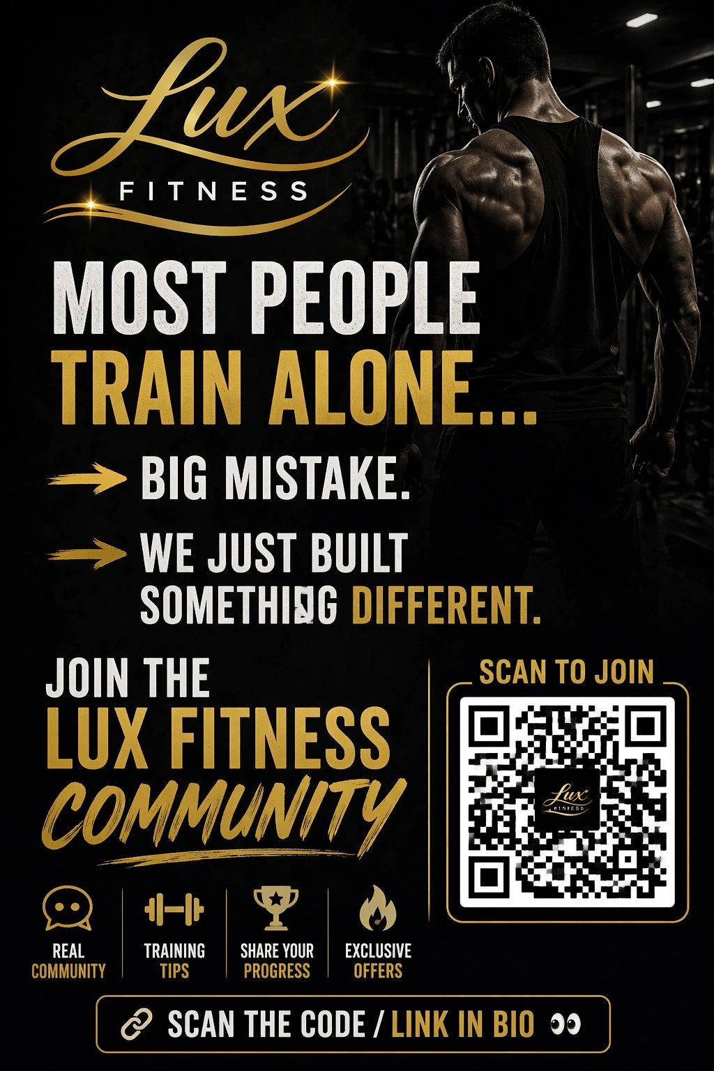 Lux Fitness ad promoting community training with QR code.
