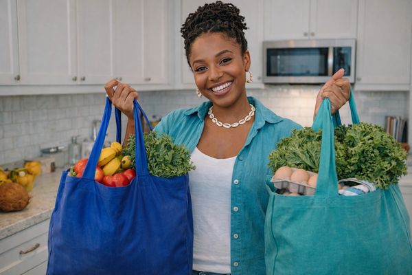 Melanated mother with groceries showing food support for single melanated mothers and their family.