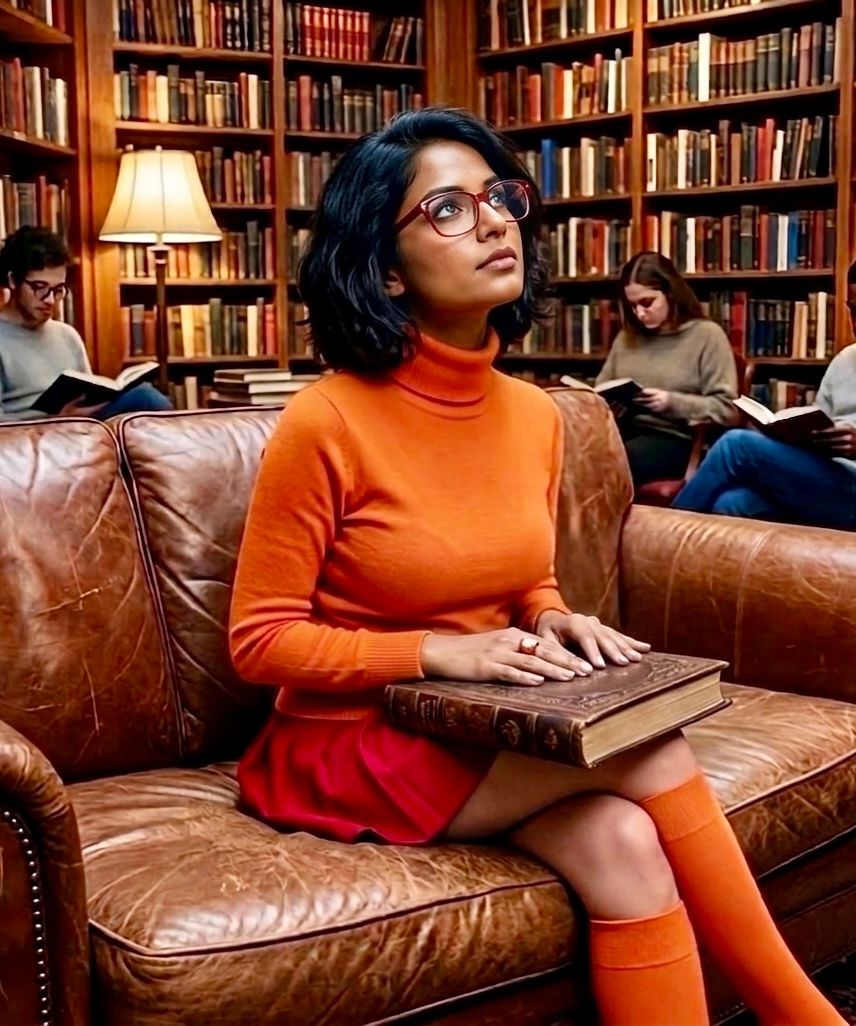 Velma at the library getting ready for cosplay facial
