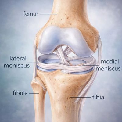 Anatomy of the knee joint showing femur, tibia, fibula, lateral meniscus and medial meniscus.