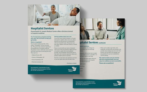 Informative hospitalist services brochure from PeaceHealth St. Joseph Medical Center.