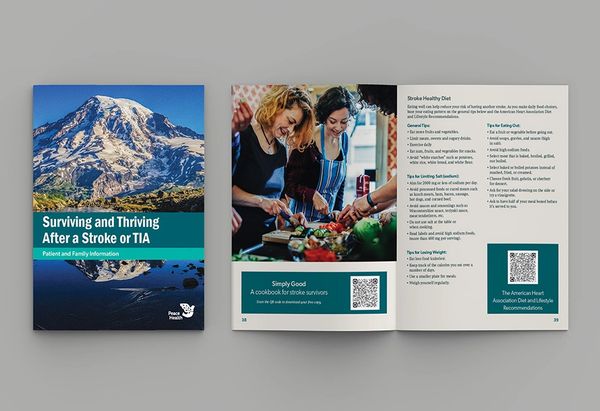 A stroke recovery guide with a mountain cover and healthy diet tips inside.