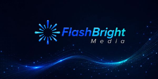 FlashBright Media logo with blue digital design.