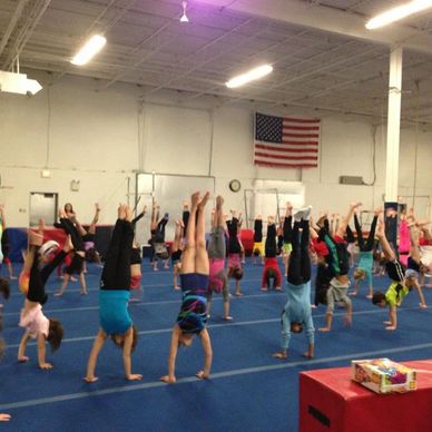 Children practicing handstands in a gym with an American flag on the wall.