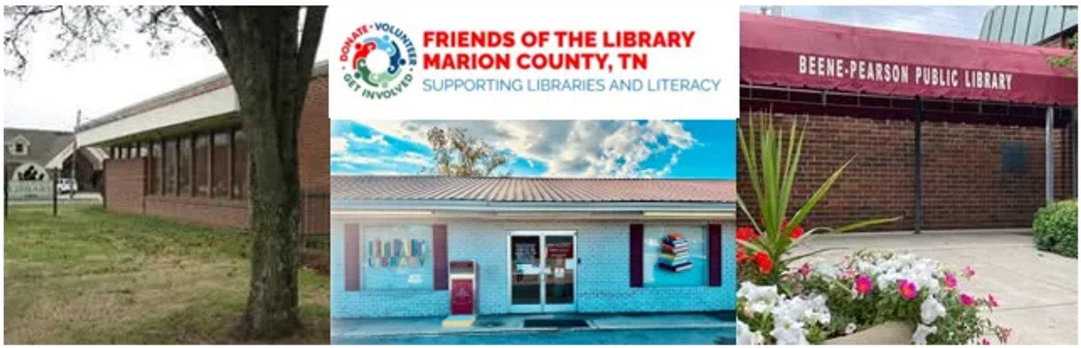 Photographs of the three libraries in Marion County, TN and the organization logo.