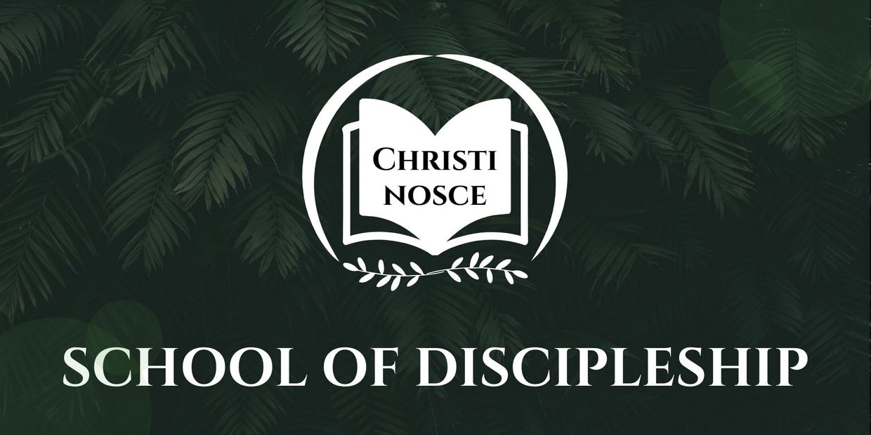 Logo of Christi Nosce School of Discipleship with a book and leafy background.