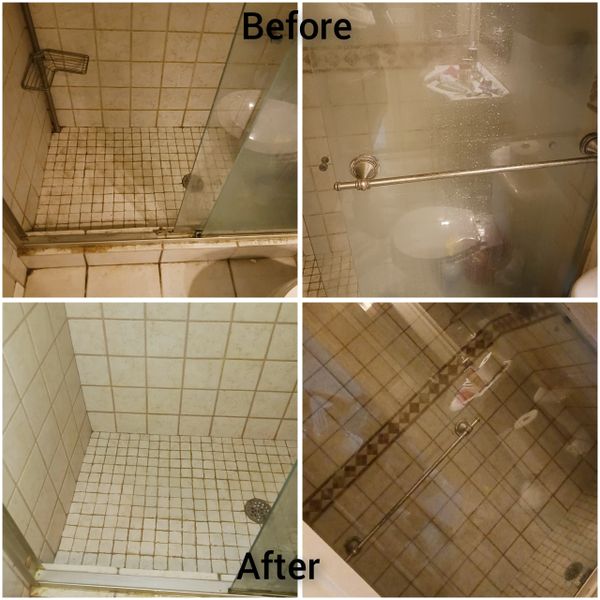 Bathroom shower with before and afters for cleaning