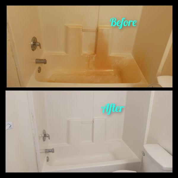 Bathtub with Hard water build up before and afters