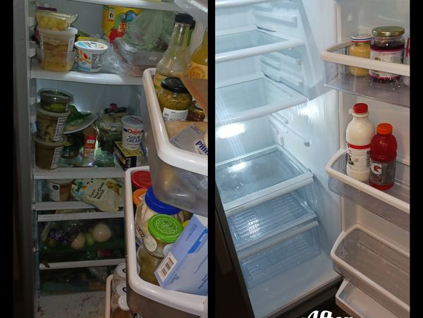 a dirty fridge that was cleaned with before an after photos during a house clean