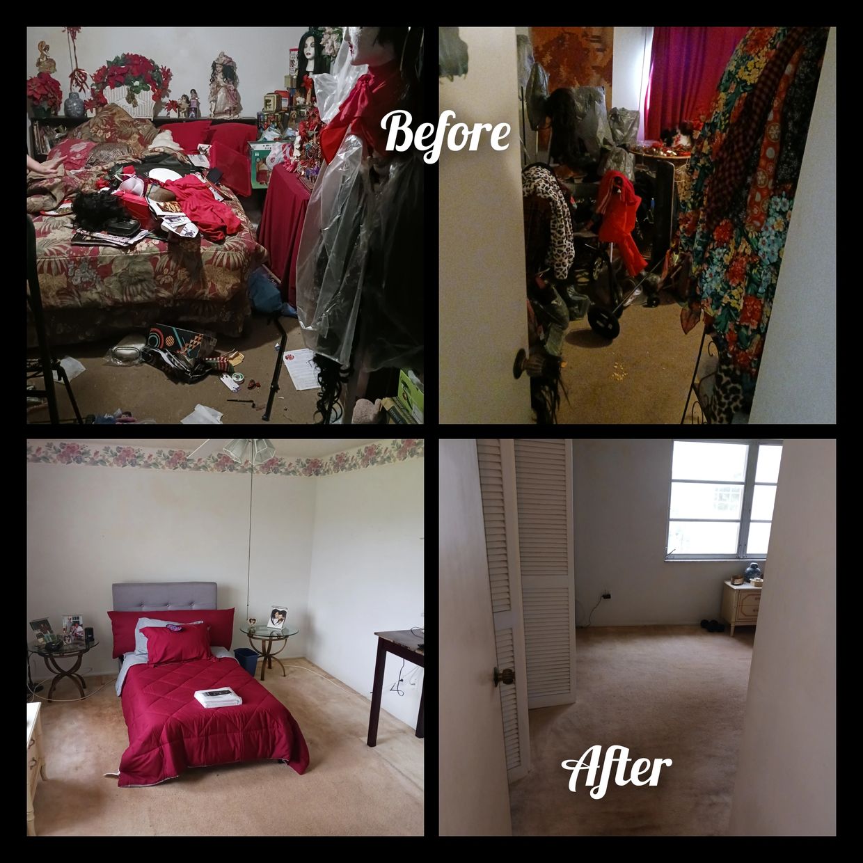 before and after of a hoarding cleanup in a bedroom