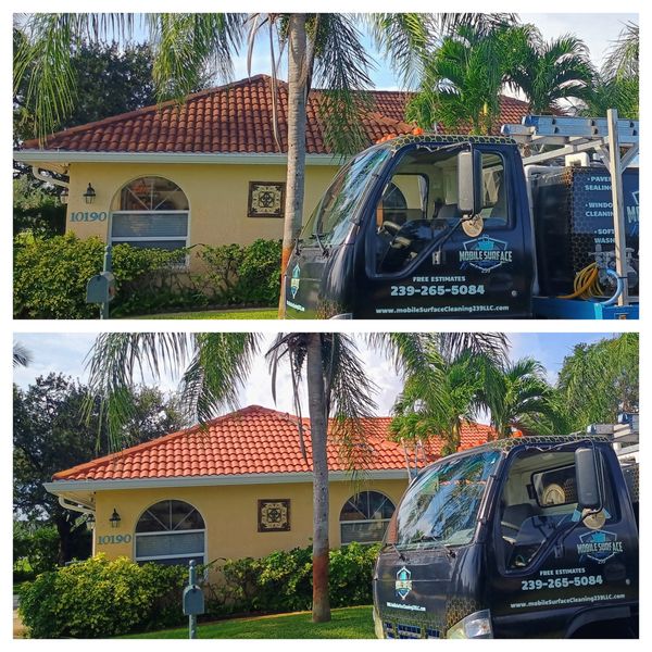 pressure washing truck in front of a roof that was soft washed before and after