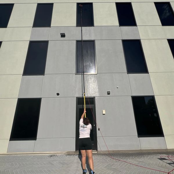 woman cleaning a commercial building windows with a long water fed pole
