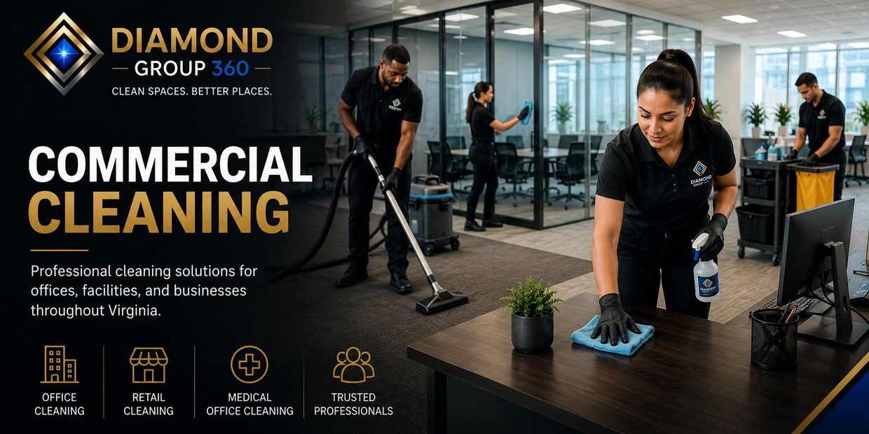 Professional commercial cleaning team working in an office setting.