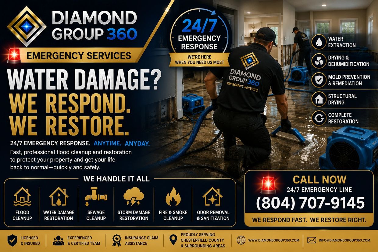 Diamond Group 360 provides 24/7 emergency water damage restoration and cleanup services.