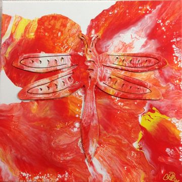 Canvas Size: 12X12 (2  Piece Set)
Medium: Acrylic
Top Coat:  Resin
Colors: Orange, yellow and white