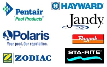 Logos of popular pool equipment brands like Pentair, Hayward, Jandy, and Zodiac.