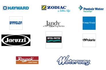 Logos of various pool and spa equipment brands.