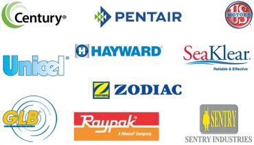 Logos of various pool equipment and accessory brands.