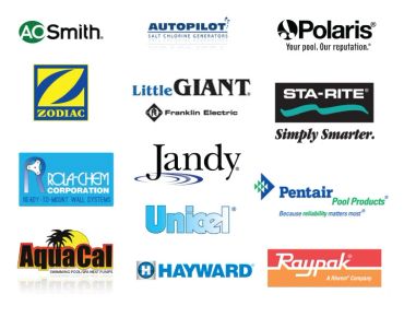 Logos of various pool equipment and service brands.