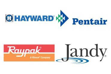 Logos of Hayward, Pentair, Raypak, and Jandy pool equipment brands.